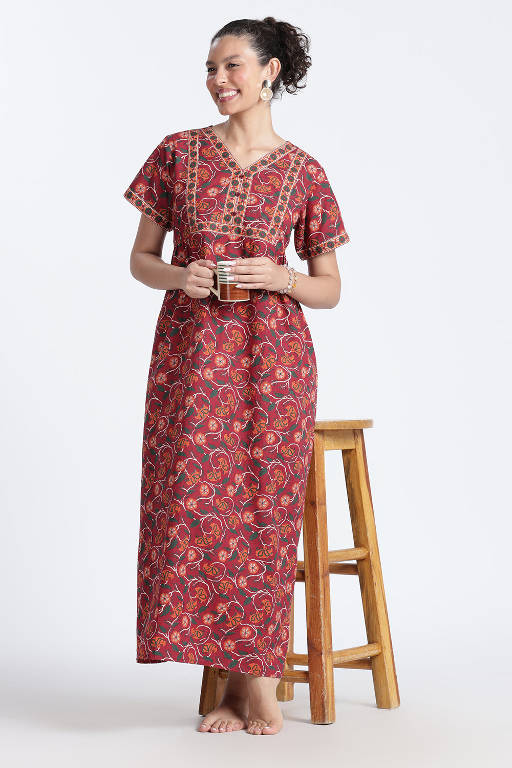 Naidu Hall Women’s Printed Cotton Nighty | Full-Length Daily Wear & Sleepwear Nightdress with V-Neck & Frock-Style Gathers
 - NB20