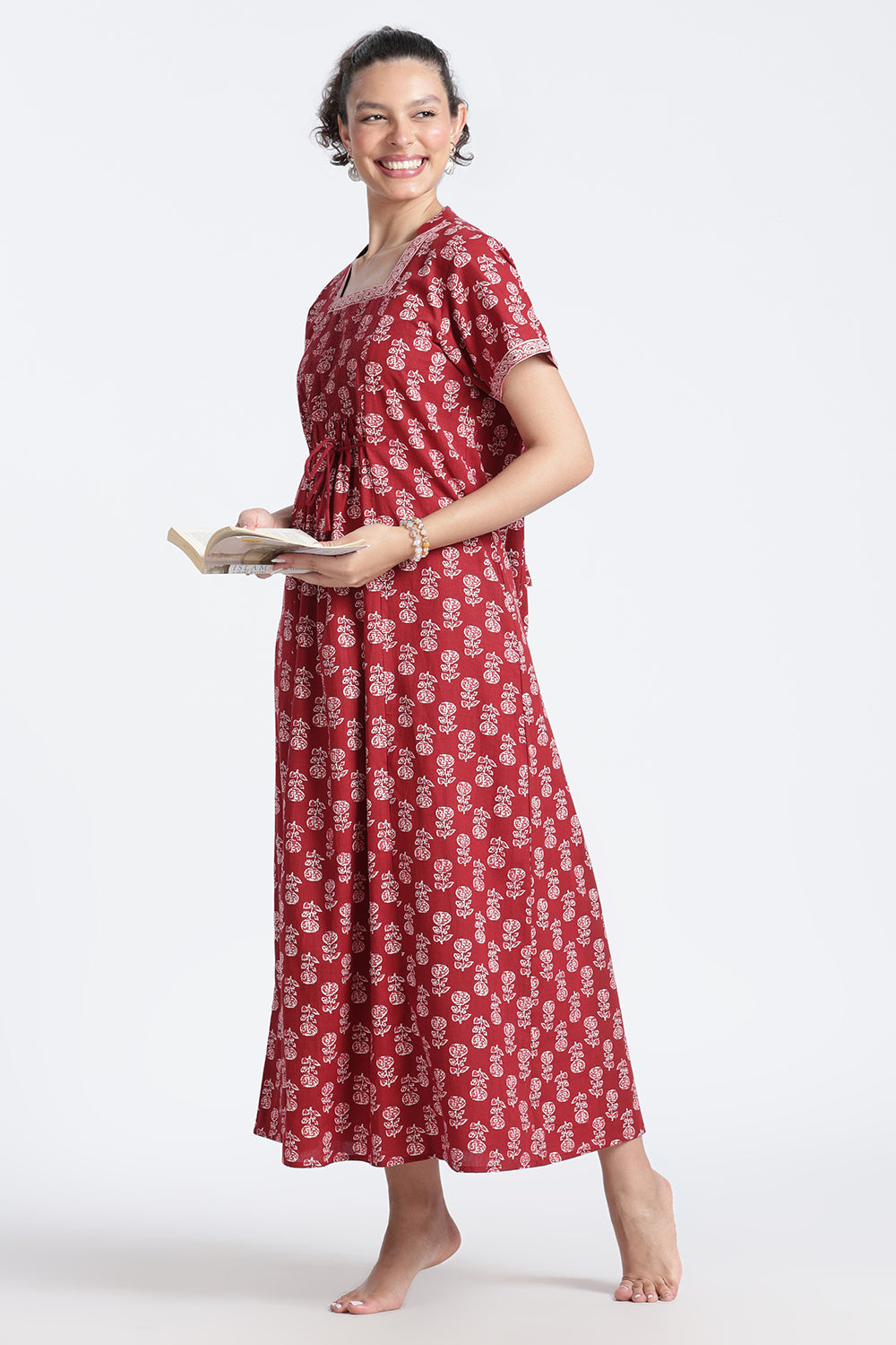 Naidu Hall Women’s Printed Cotton Nighty | Full-Length Daily Wear & Sleepwear Nightdress with Square Neck & Mandarin Collar
 - NB23