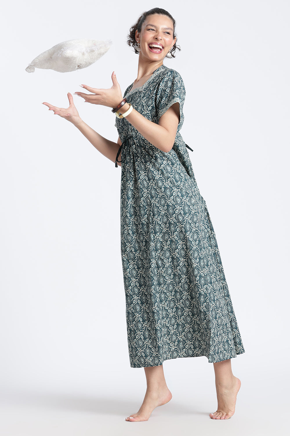 Naidu Hall Women’s Printed Cotton Nighty | Full-Length Daily Wear & Sleepwear Nightdress with Square Neck & Mandarin Collar
 - NB22