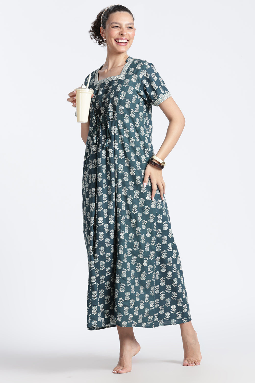 Naidu Hall Women’s Printed Cotton Nighty | Full-Length Daily Wear & Sleepwear Nightdress with Square Neck & Mandarin Collar
 - NB23