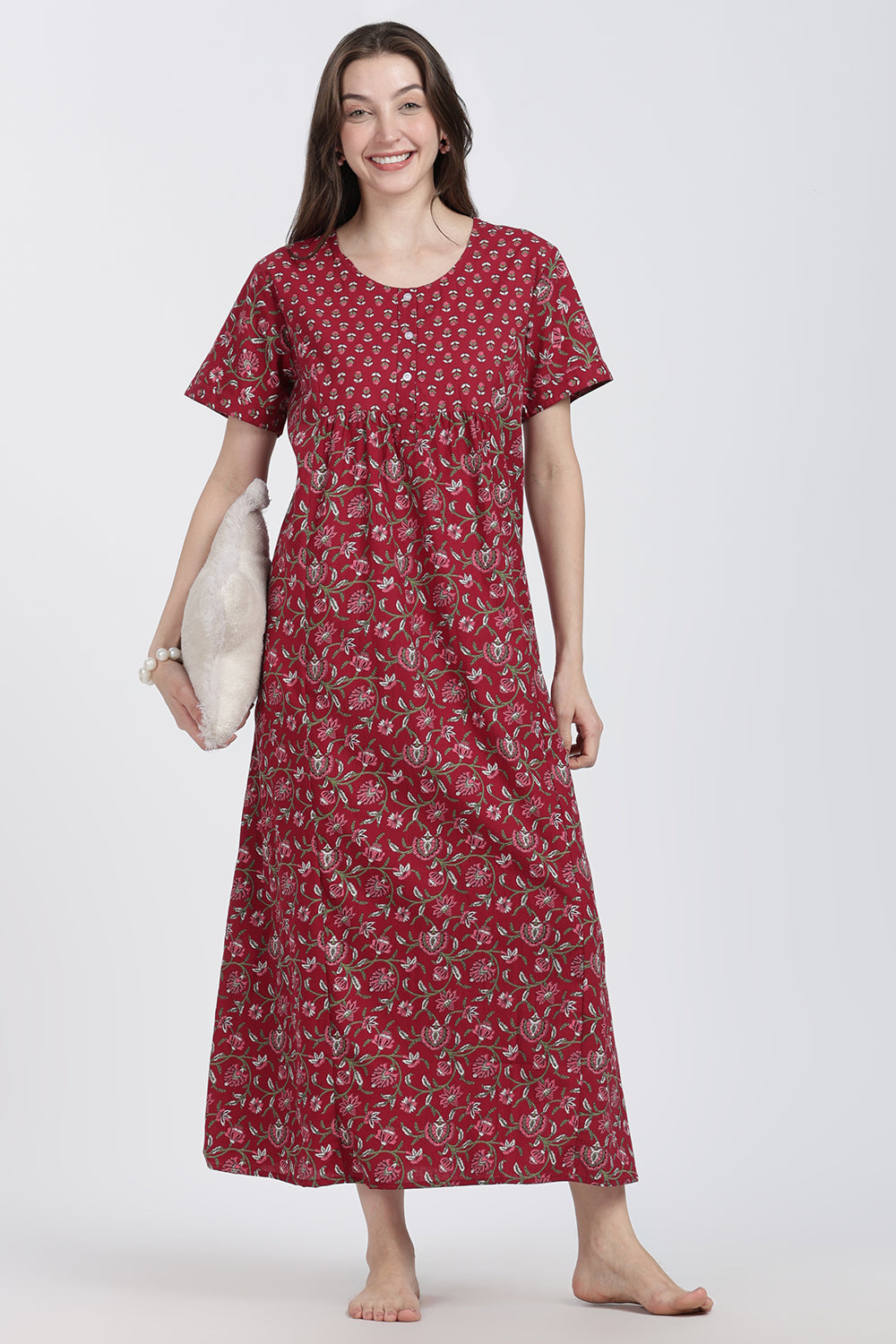 Naidu Hall Women’s Floral Printed Cotton Blend Nighty | Full-Length Round Neck Daily Wear Nightdress
 - NB14