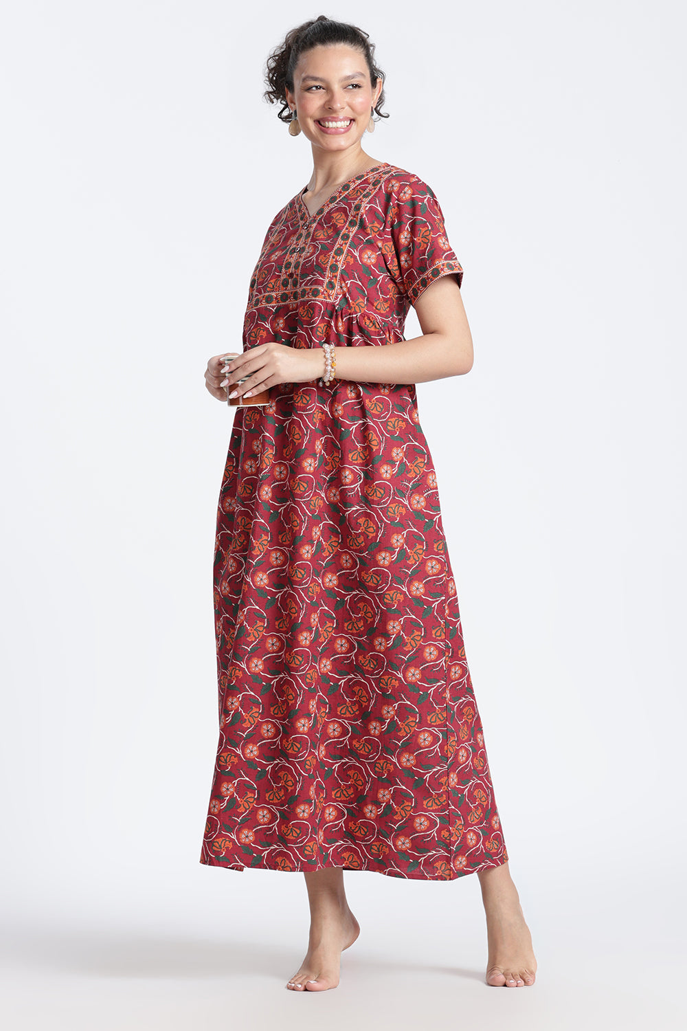 Naidu Hall Women’s Printed Cotton Nighty | Full-Length Daily Wear & Sleepwear Nightdress with V-Neck & Frock-Style Gathers
 - NB20