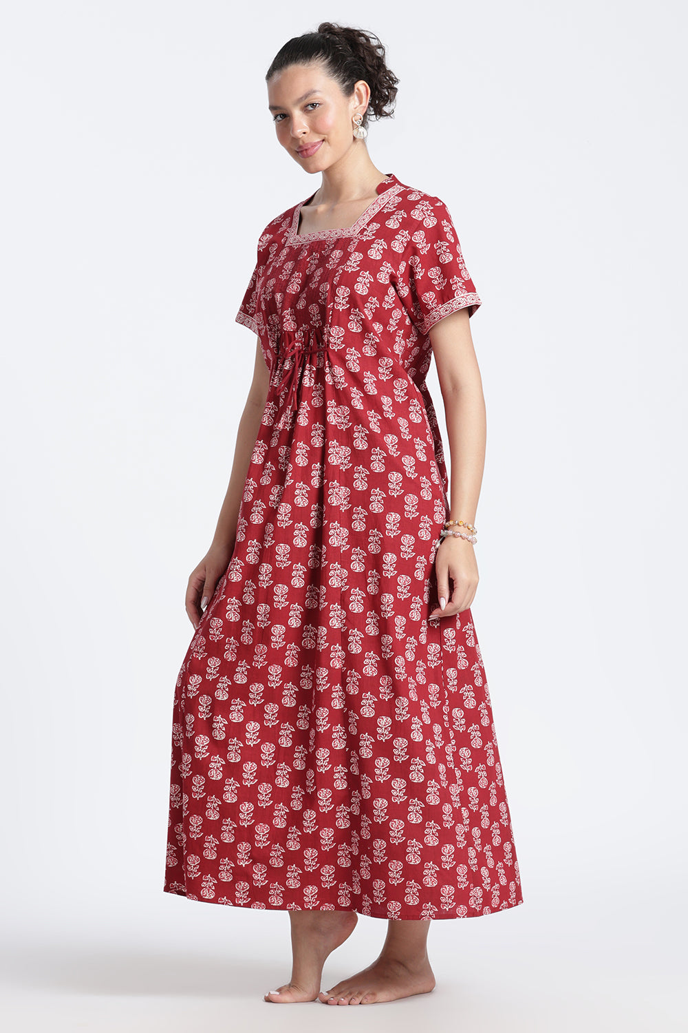 Naidu Hall Women’s Printed Cotton Nighty | Full-Length Daily Wear & Sleepwear Nightdress with Square Neck & Mandarin Collar
 - NB23