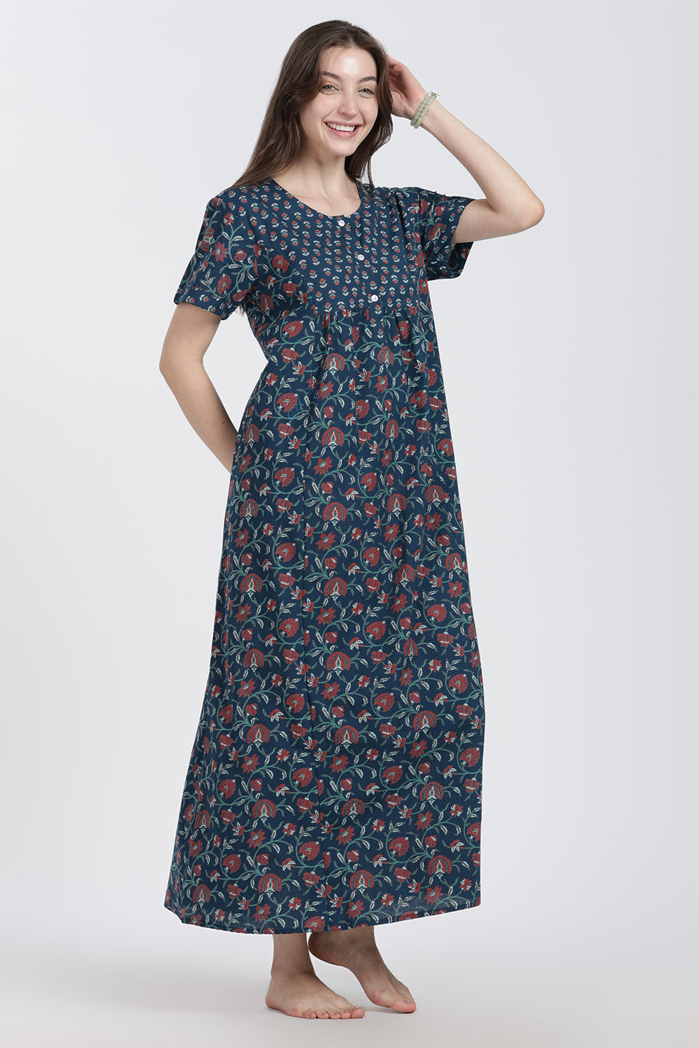 Naidu Hall Women’s Floral Printed Cotton Blend Nighty | Full-Length Round Neck Daily Wear Nightdress
 - NB14