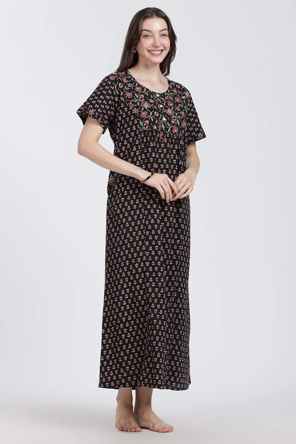 Naidu Hall Women’s Floral Printed Cotton Blend Nighty | Full-Length Round Neck Daily Wear Nightdress
 - NB15