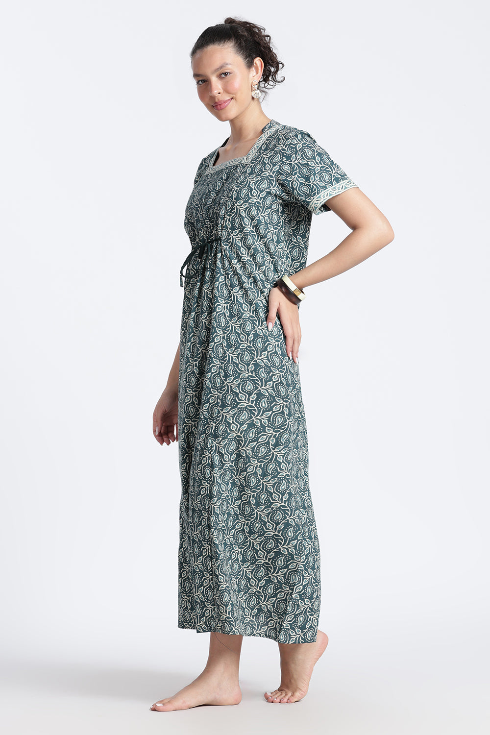 Naidu Hall Women’s Printed Cotton Nighty | Full-Length Daily Wear & Sleepwear Nightdress with Square Neck & Mandarin Collar
 - NB22