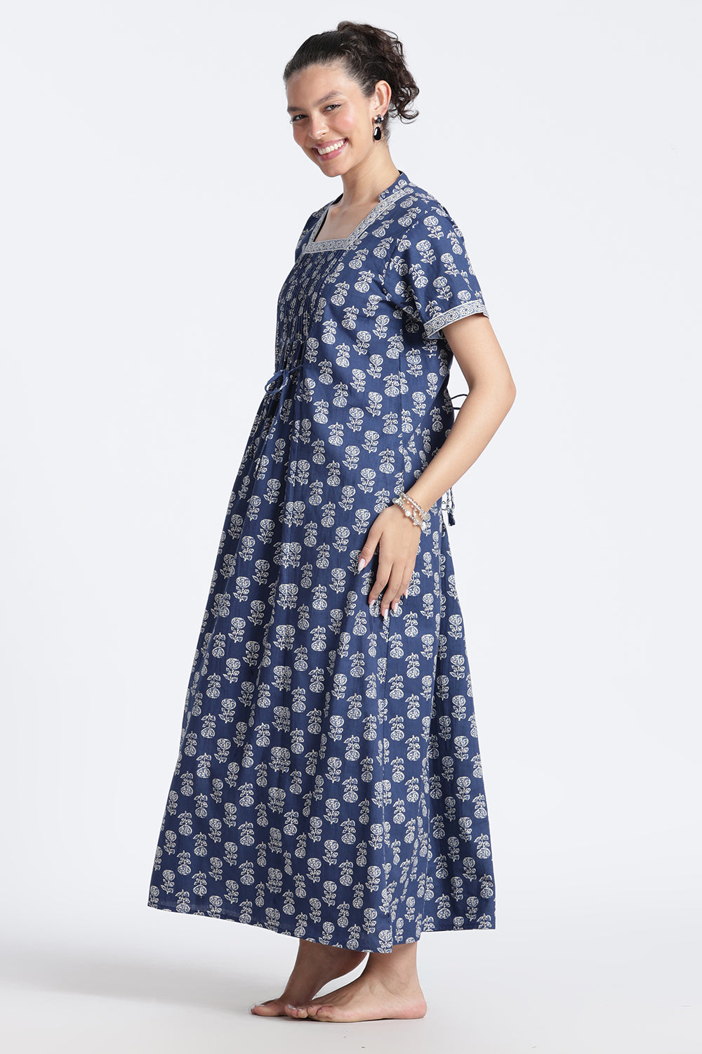 Naidu Hall Women’s Printed Cotton Nighty | Full-Length Daily Wear & Sleepwear Nightdress with Square Neck & Mandarin Collar
 - NB23