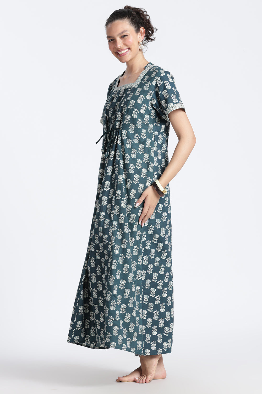 Naidu Hall Women’s Printed Cotton Nighty | Full-Length Daily Wear & Sleepwear Nightdress with Square Neck & Mandarin Collar
 - NB23