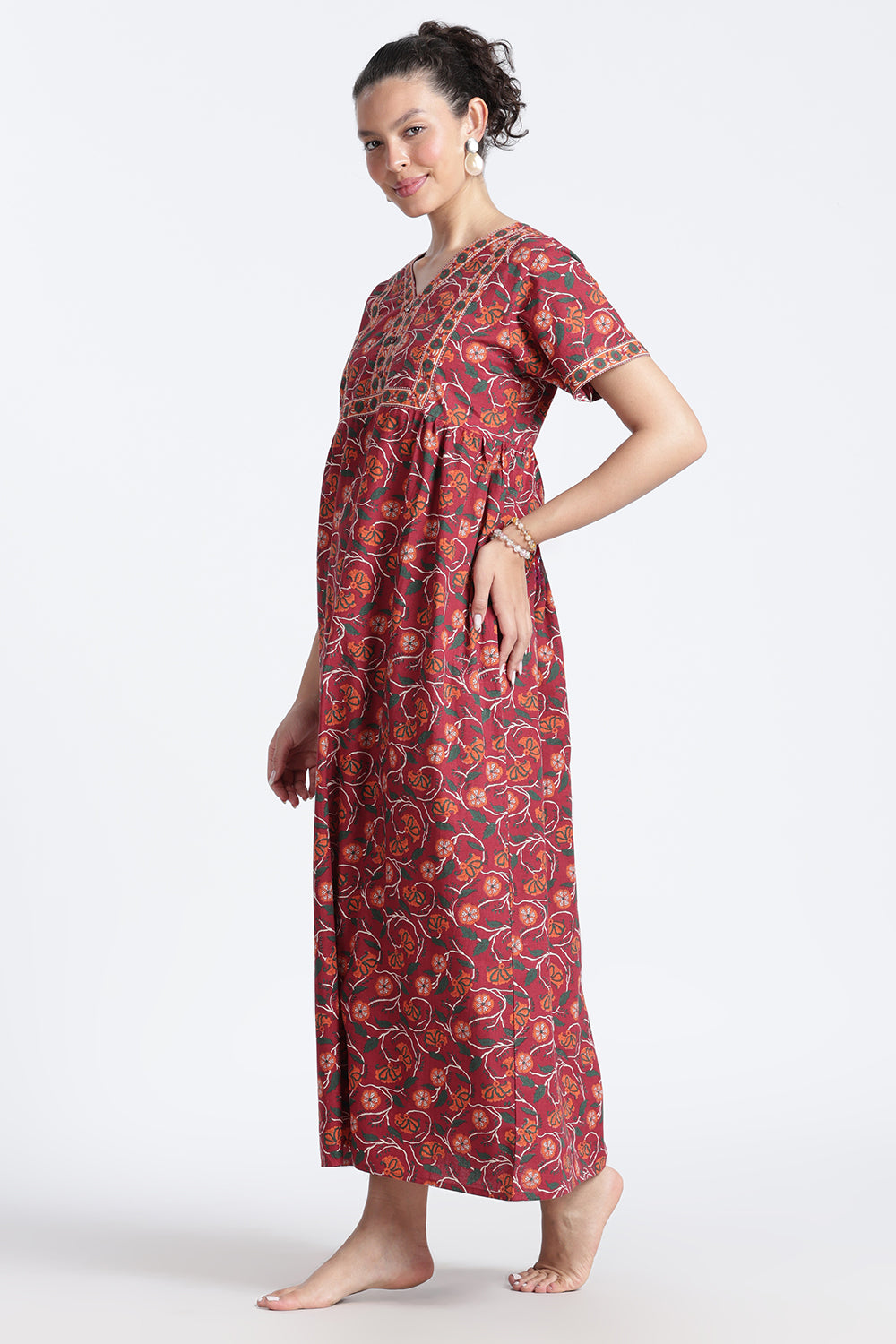 Naidu Hall Women’s Printed Cotton Nighty | Full-Length Daily Wear & Sleepwear Nightdress with V-Neck & Frock-Style Gathers
 - NB20