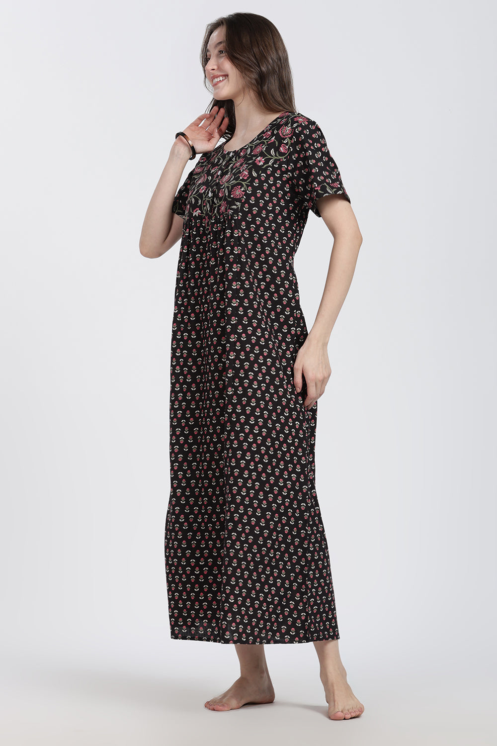 Naidu Hall Women’s Floral Printed Cotton Blend Nighty | Full-Length Round Neck Daily Wear Nightdress
 - NB15