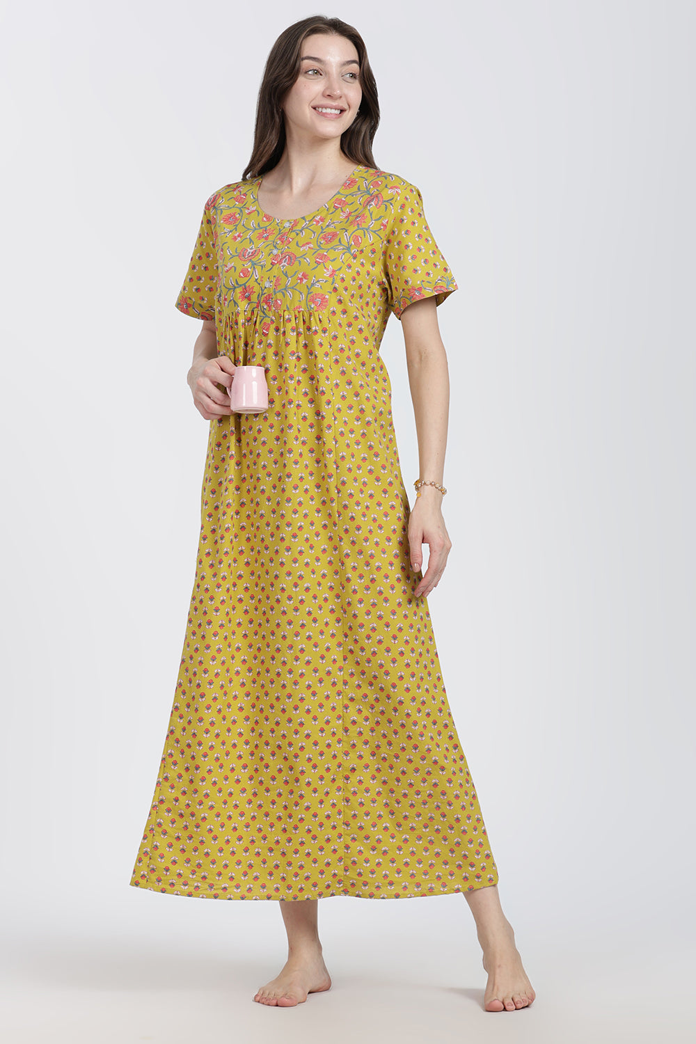 Naidu Hall Women’s Floral Printed Cotton Blend Nighty | Full-Length Round Neck Daily Wear Nightdress
 - NB15