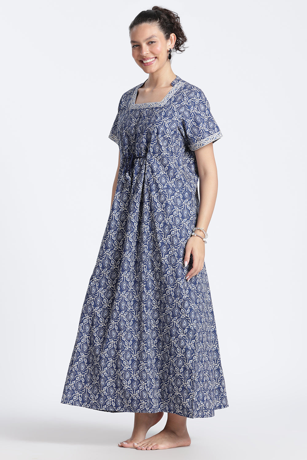 Naidu Hall Women’s Printed Cotton Nighty | Full-Length Daily Wear & Sleepwear Nightdress with Square Neck & Mandarin Collar
 - NB22