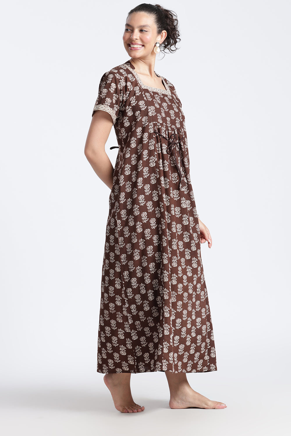 Naidu Hall Women’s Printed Cotton Nighty | Full-Length Daily Wear & Sleepwear Nightdress with Square Neck & Mandarin Collar
 - NB23