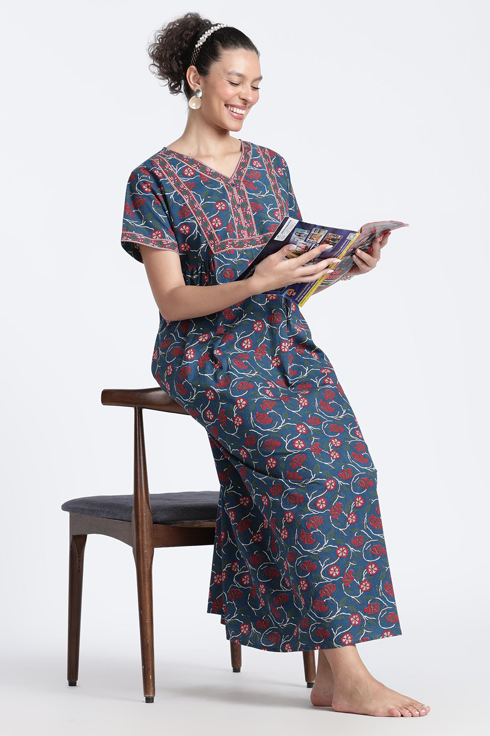 Naidu Hall Women’s Printed Cotton Nighty | Full-Length Daily Wear & Sleepwear Nightdress with V-Neck & Frock-Style Gathers
 - NB20