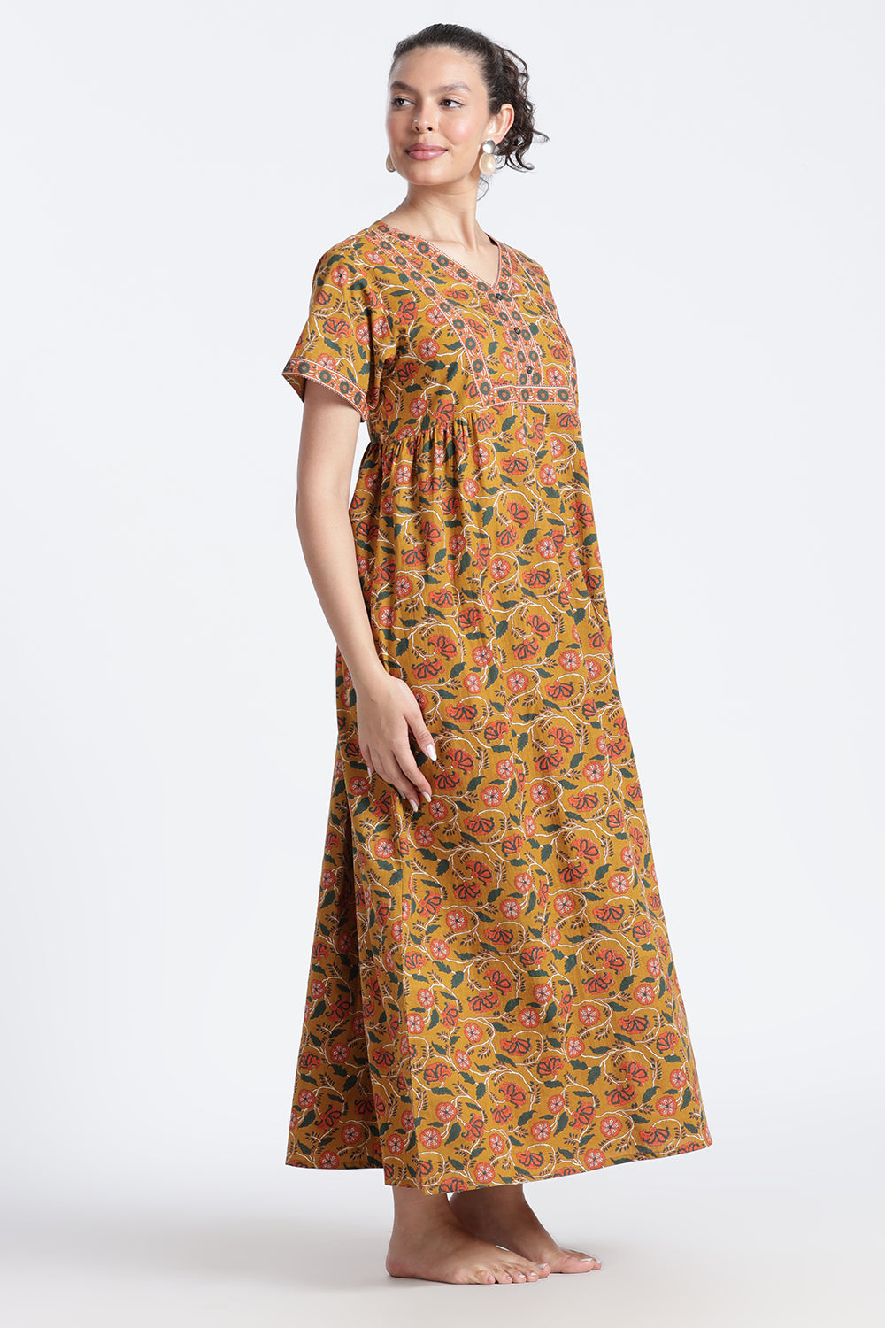 Naidu Hall Women’s Printed Cotton Nighty | Full-Length Daily Wear & Sleepwear Nightdress with V-Neck & Frock-Style Gathers
 - NB20