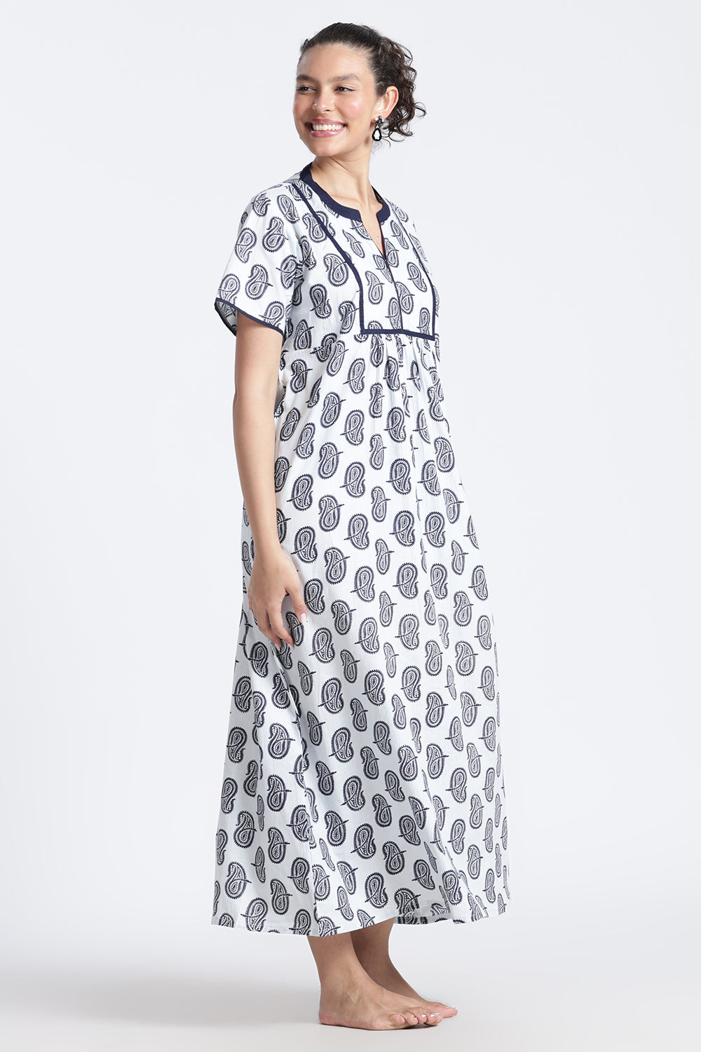 Naidu Hall Women’s Printed Cotton Nighty | Full-Length Daily Wear & Sleepwear Nightdress with V-Neck & Frock-Style Gathers
 - NB21