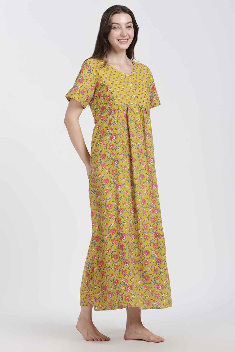 Naidu Hall Women’s Floral Printed Cotton Blend Nighty | Full-Length Round Neck Daily Wear Nightdress
 - NB14