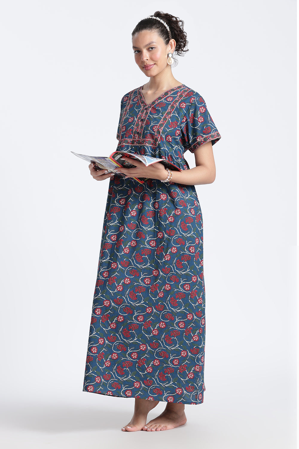 Naidu Hall Women’s Printed Cotton Nighty | Full-Length Daily Wear & Sleepwear Nightdress with V-Neck & Frock-Style Gathers
 - NB20