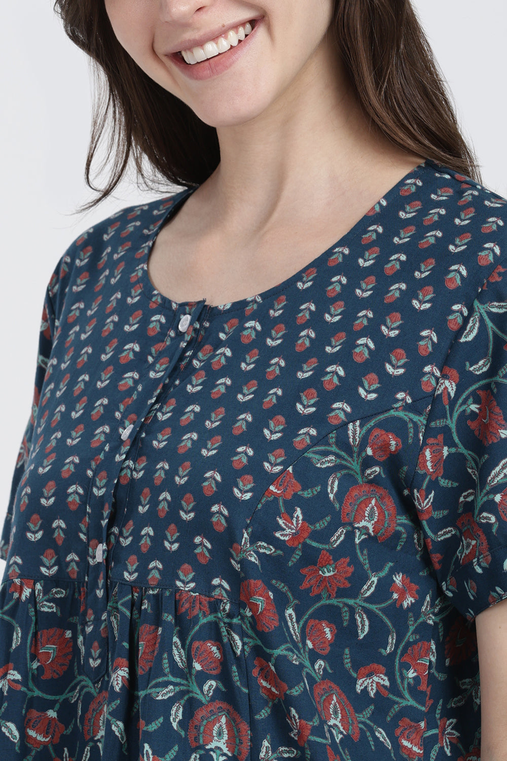 Naidu Hall Women’s Floral Printed Cotton Blend Nighty | Full-Length Round Neck Daily Wear Nightdress
 - NB14