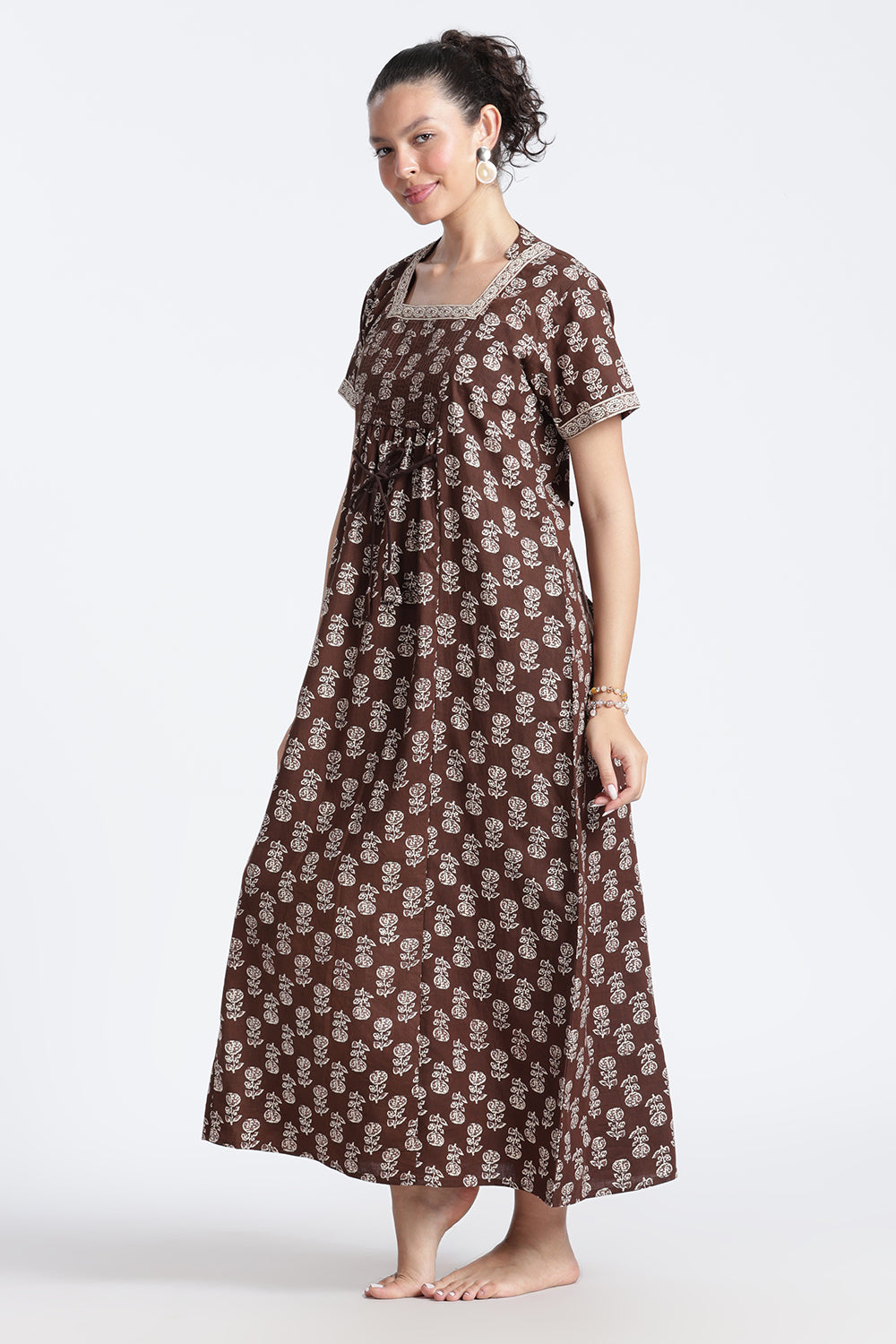 Naidu Hall Women’s Printed Cotton Nighty | Full-Length Daily Wear & Sleepwear Nightdress with Square Neck & Mandarin Collar
 - NB23