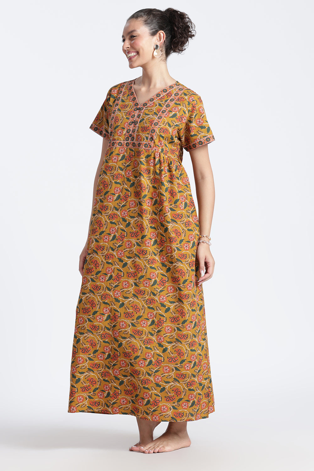 Naidu Hall Women’s Printed Cotton Nighty | Full-Length Daily Wear & Sleepwear Nightdress with V-Neck & Frock-Style Gathers
 - NB20