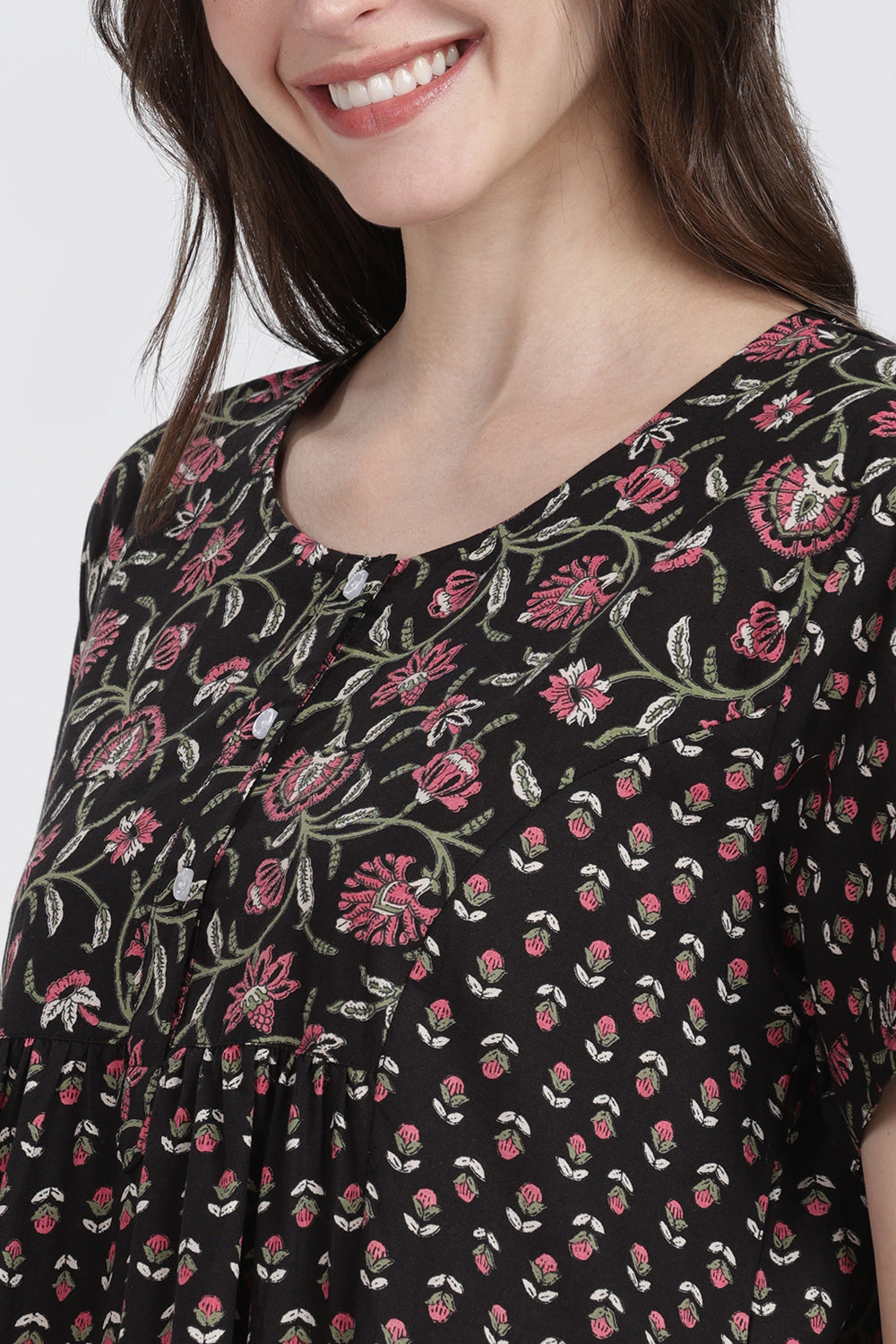 Naidu Hall Women’s Floral Printed Cotton Blend Nighty | Full-Length Round Neck Daily Wear Nightdress
 - NB15