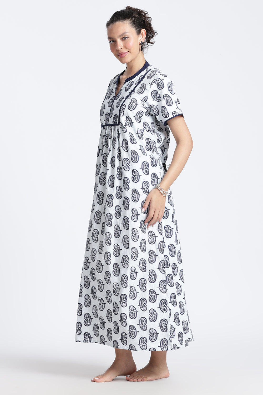 Naidu Hall Women’s Printed Cotton Nighty | Full-Length Daily Wear & Sleepwear Nightdress with V-Neck & Frock-Style Gathers
 - NB21