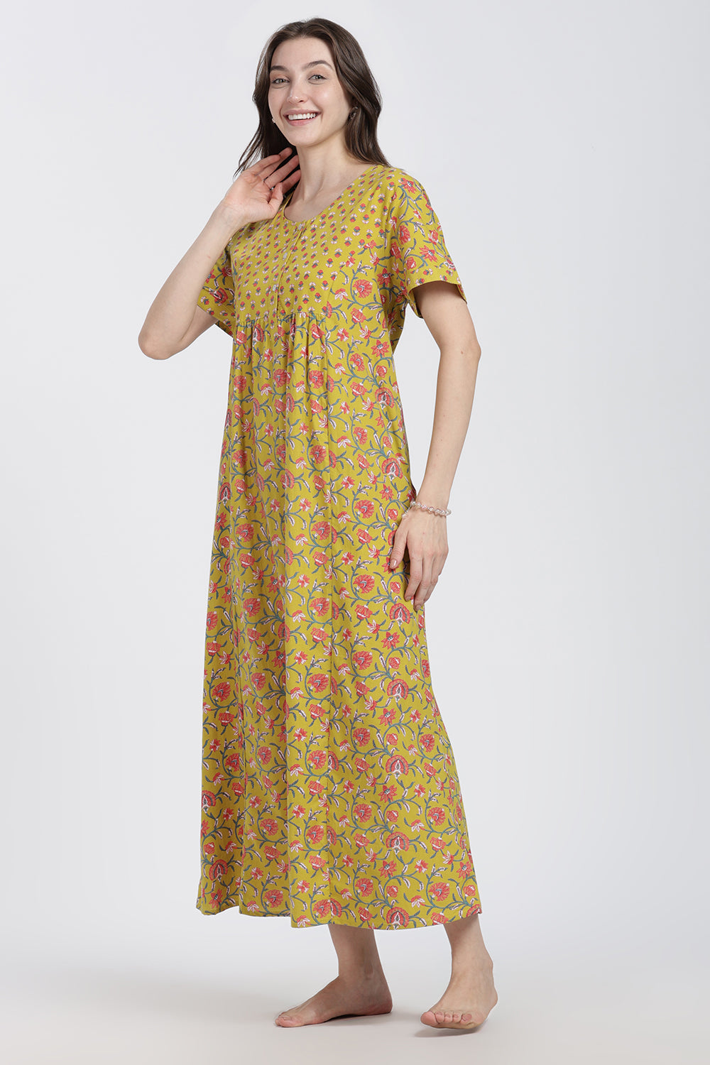 Naidu Hall Women’s Floral Printed Cotton Blend Nighty | Full-Length Round Neck Daily Wear Nightdress
 - NB14