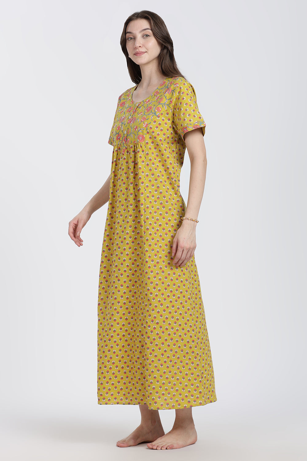 Naidu Hall Women’s Floral Printed Cotton Blend Nighty | Full-Length Round Neck Daily Wear Nightdress
 - NB15