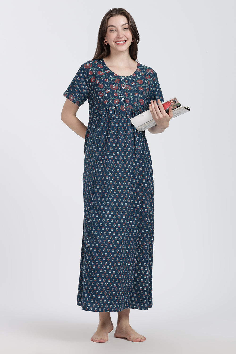 Naidu Hall Women’s Floral Printed Cotton Blend Nighty | Full-Length Round Neck Daily Wear Nightdress
 - NB15