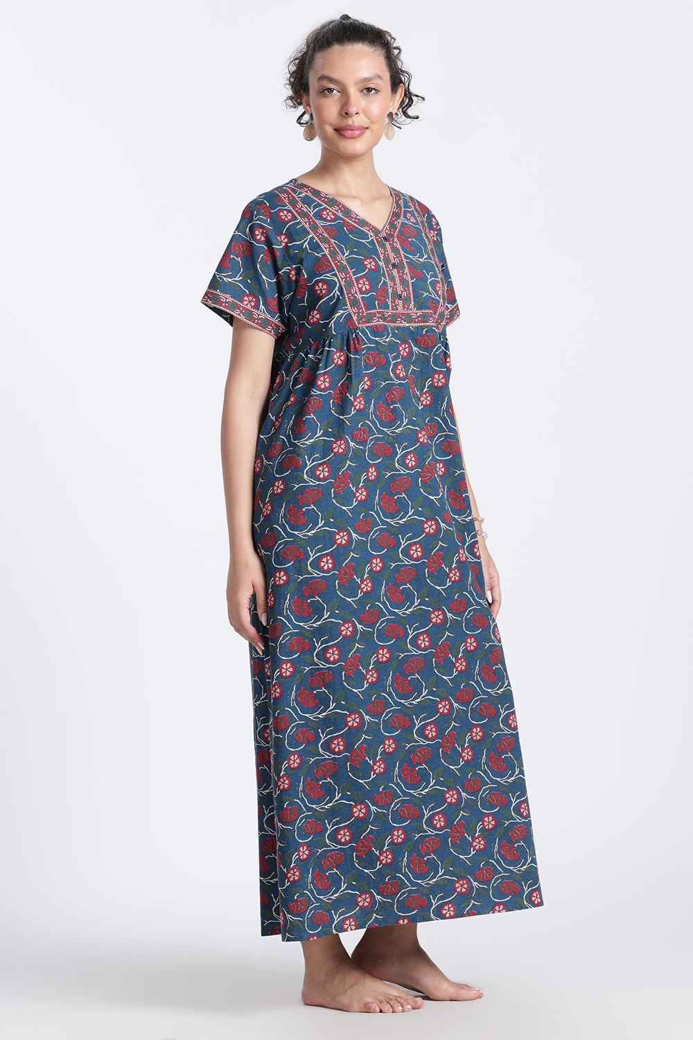 Naidu Hall Women’s Printed Cotton Nighty | Full-Length Daily Wear & Sleepwear Nightdress with V-Neck & Frock-Style Gathers
 - NB20