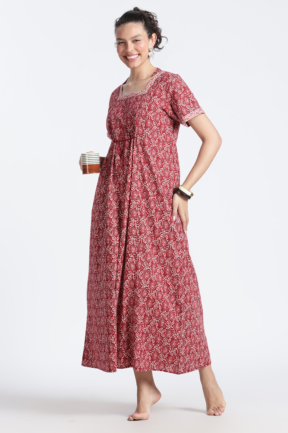 Naidu Hall Women’s Printed Cotton Nighty | Full-Length Daily Wear & Sleepwear Nightdress with Square Neck & Mandarin Collar
 - NB22