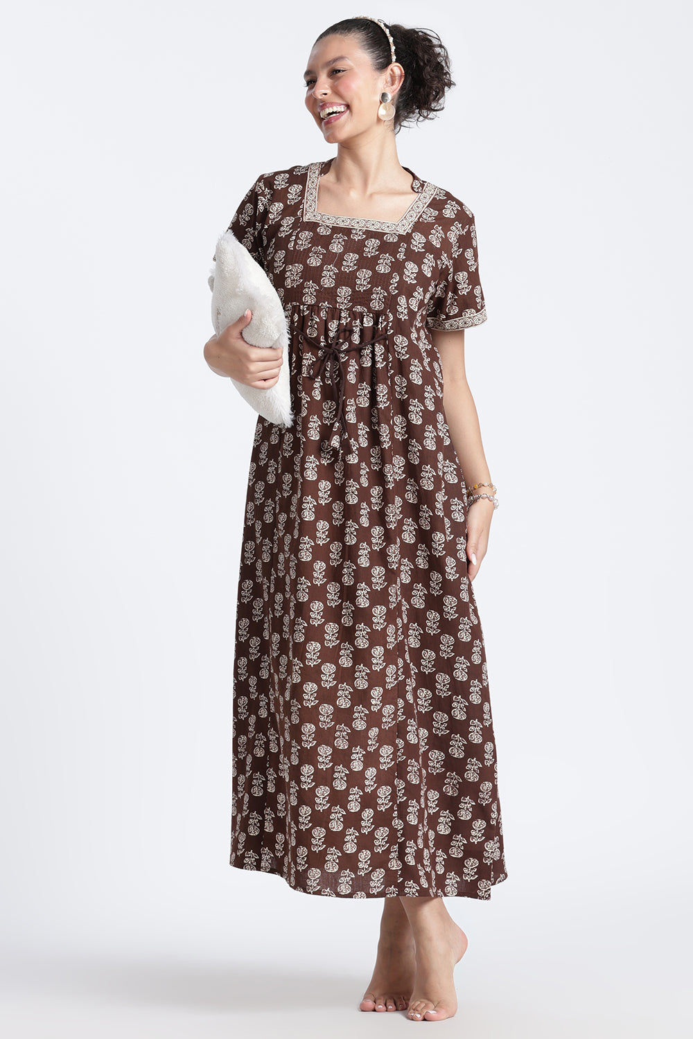 Naidu Hall Women’s Printed Cotton Nighty | Full-Length Daily Wear & Sleepwear Nightdress with Square Neck & Mandarin Collar
 - NB23