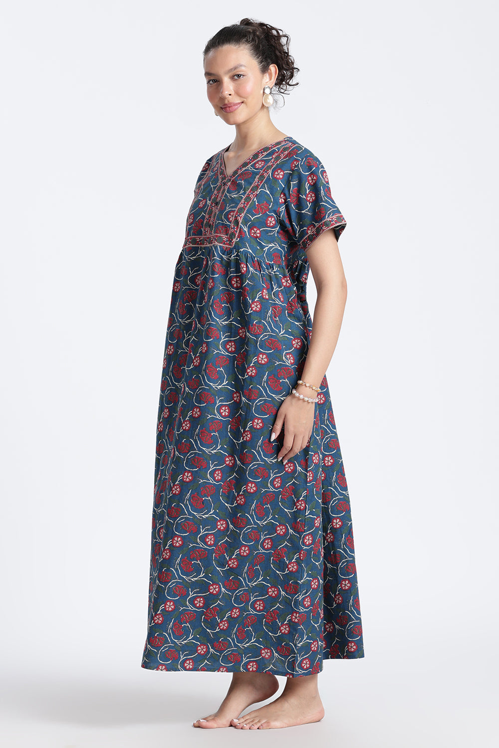 Naidu Hall Women’s Printed Cotton Nighty | Full-Length Daily Wear & Sleepwear Nightdress with V-Neck & Frock-Style Gathers
 - NB20