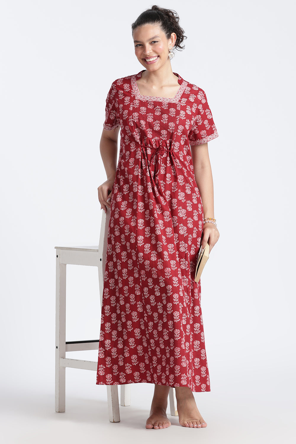 Naidu Hall Women’s Printed Cotton Nighty | Full-Length Daily Wear & Sleepwear Nightdress with Square Neck & Mandarin Collar
 - NB23