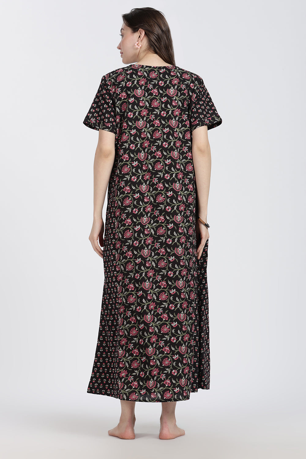 Naidu Hall Women’s Floral Printed Cotton Blend Nighty | Full-Length Round Neck Daily Wear Nightdress
 - NB15