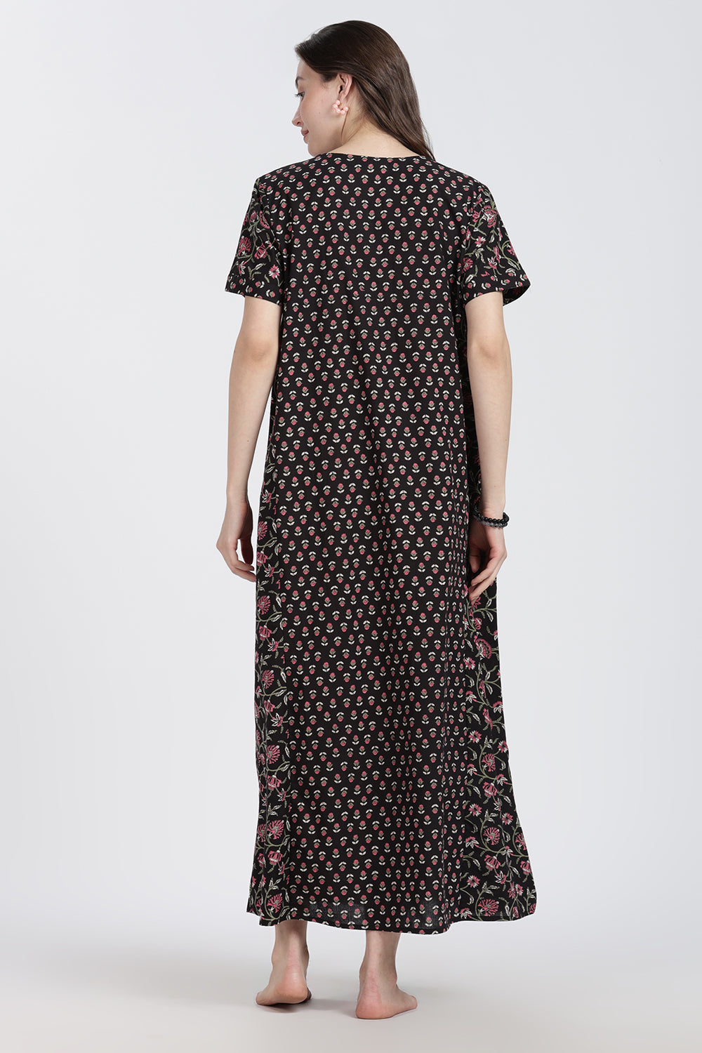 Naidu Hall Women’s Floral Printed Cotton Blend Nighty | Full-Length Round Neck Daily Wear Nightdress
 - NB14