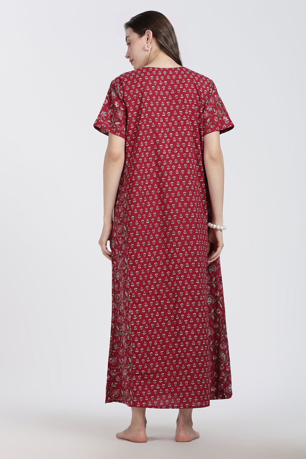 Naidu Hall Women’s Floral Printed Cotton Blend Nighty | Full-Length Round Neck Daily Wear Nightdress
 - NB14