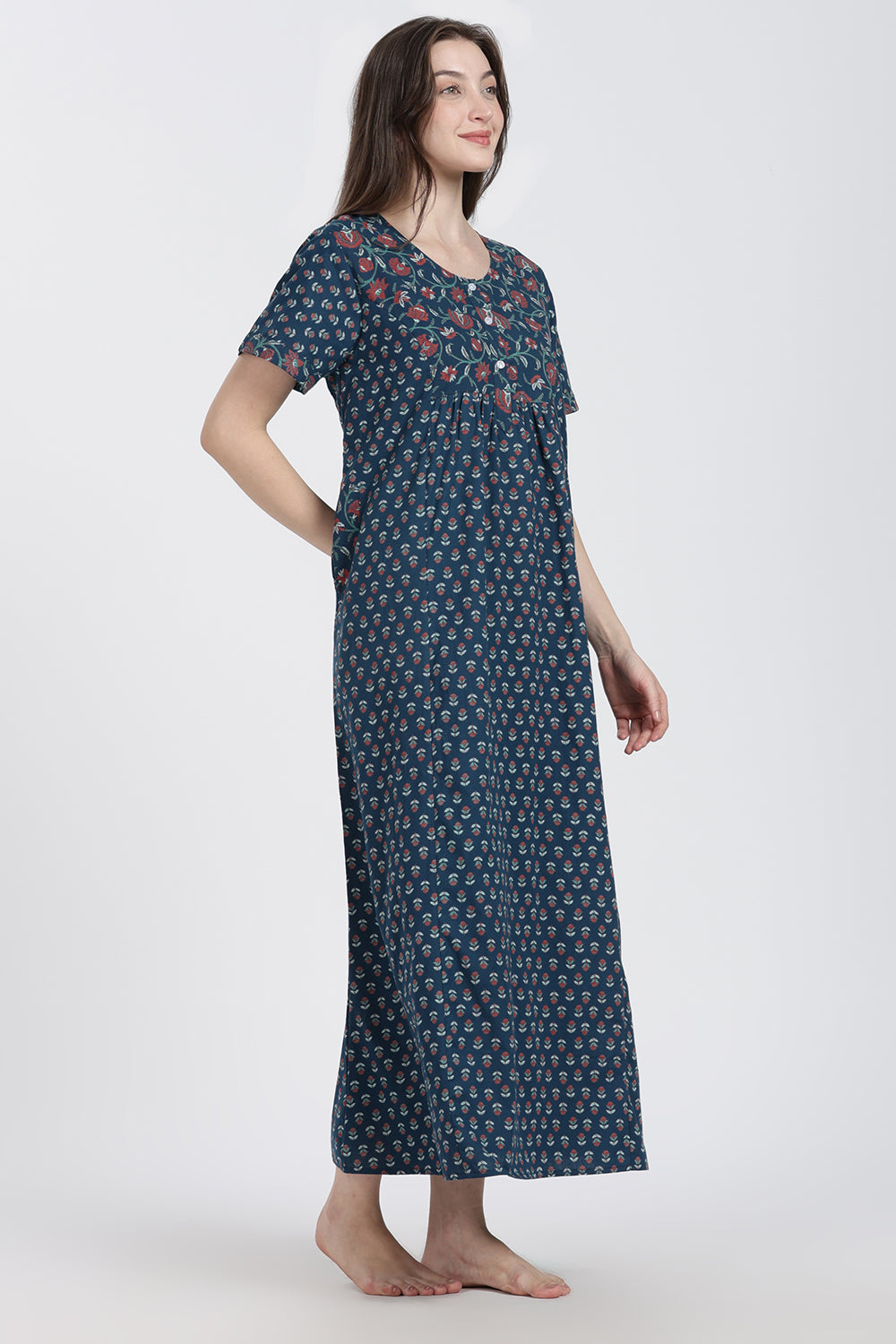 Naidu Hall Women’s Floral Printed Cotton Blend Nighty | Full-Length Round Neck Daily Wear Nightdress
 - NB15
