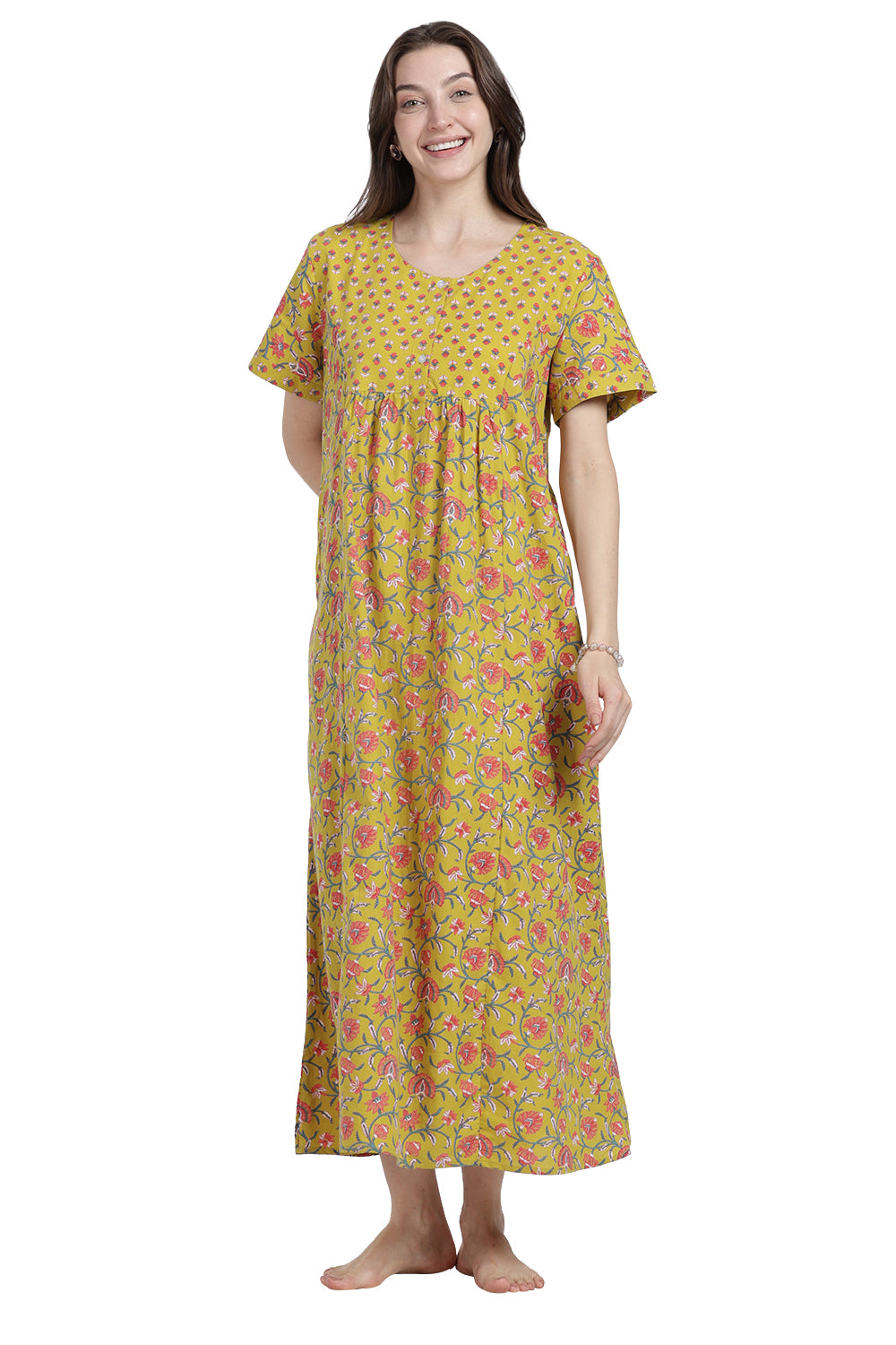 Naidu Hall Women’s Floral Printed Cotton Blend Nighty | Full-Length Round Neck Daily Wear Nightdress
 - NB14