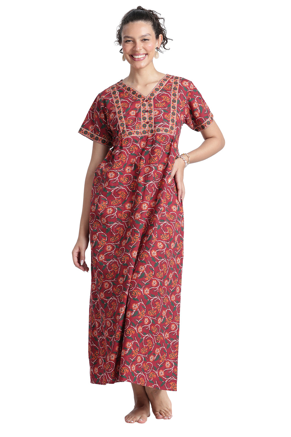Naidu Hall Women’s Printed Cotton Nighty | Full-Length Daily Wear & Sleepwear Nightdress with V-Neck & Frock-Style Gathers
 - NB20