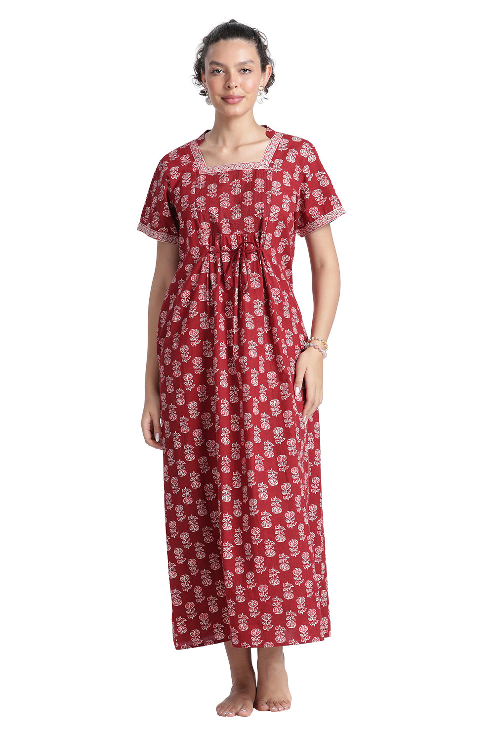 Naidu Hall Women’s Printed Cotton Nighty | Full-Length Daily Wear & Sleepwear Nightdress with Square Neck & Mandarin Collar
 - NB23