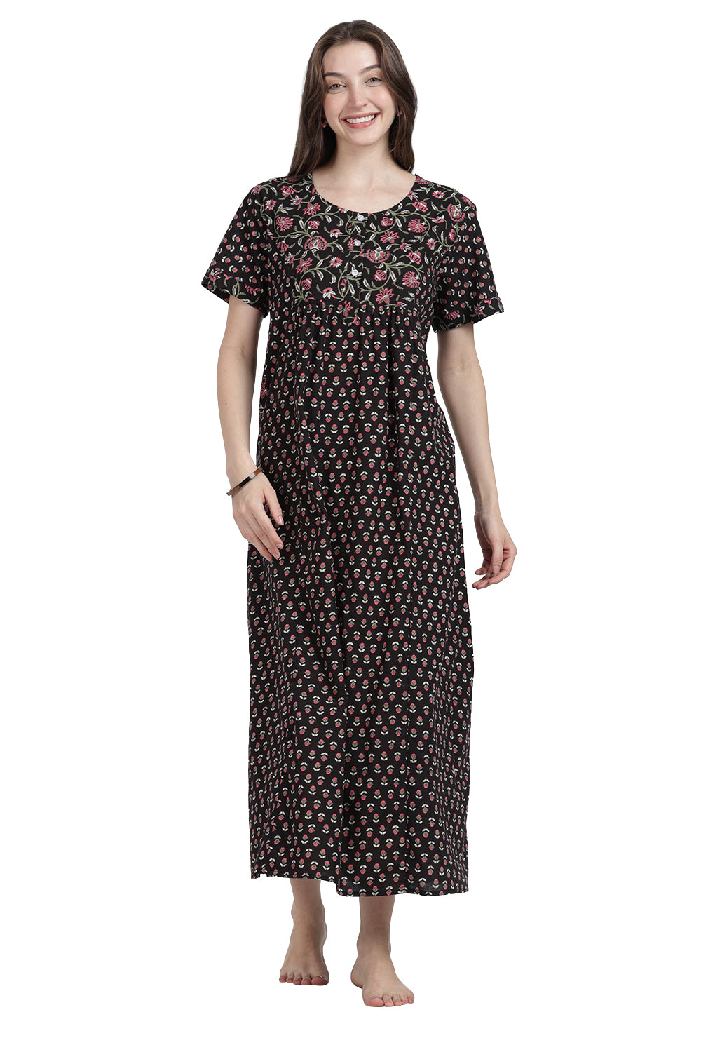 Naidu Hall Women’s Floral Printed Cotton Blend Nighty | Full-Length Round Neck Daily Wear Nightdress
 - NB15