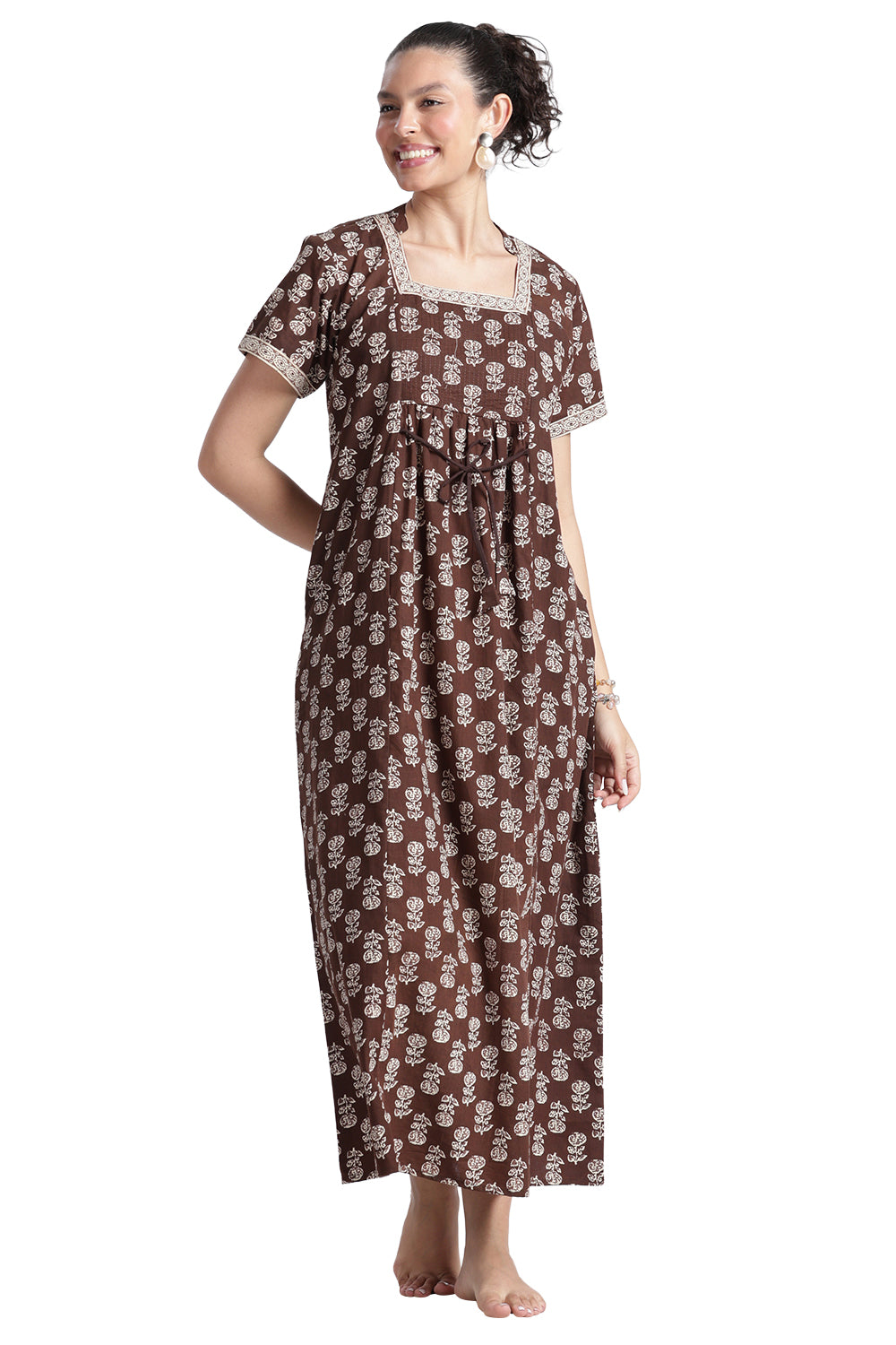 Naidu Hall Women’s Printed Cotton Nighty | Full-Length Daily Wear & Sleepwear Nightdress with Square Neck & Mandarin Collar
 - NB23