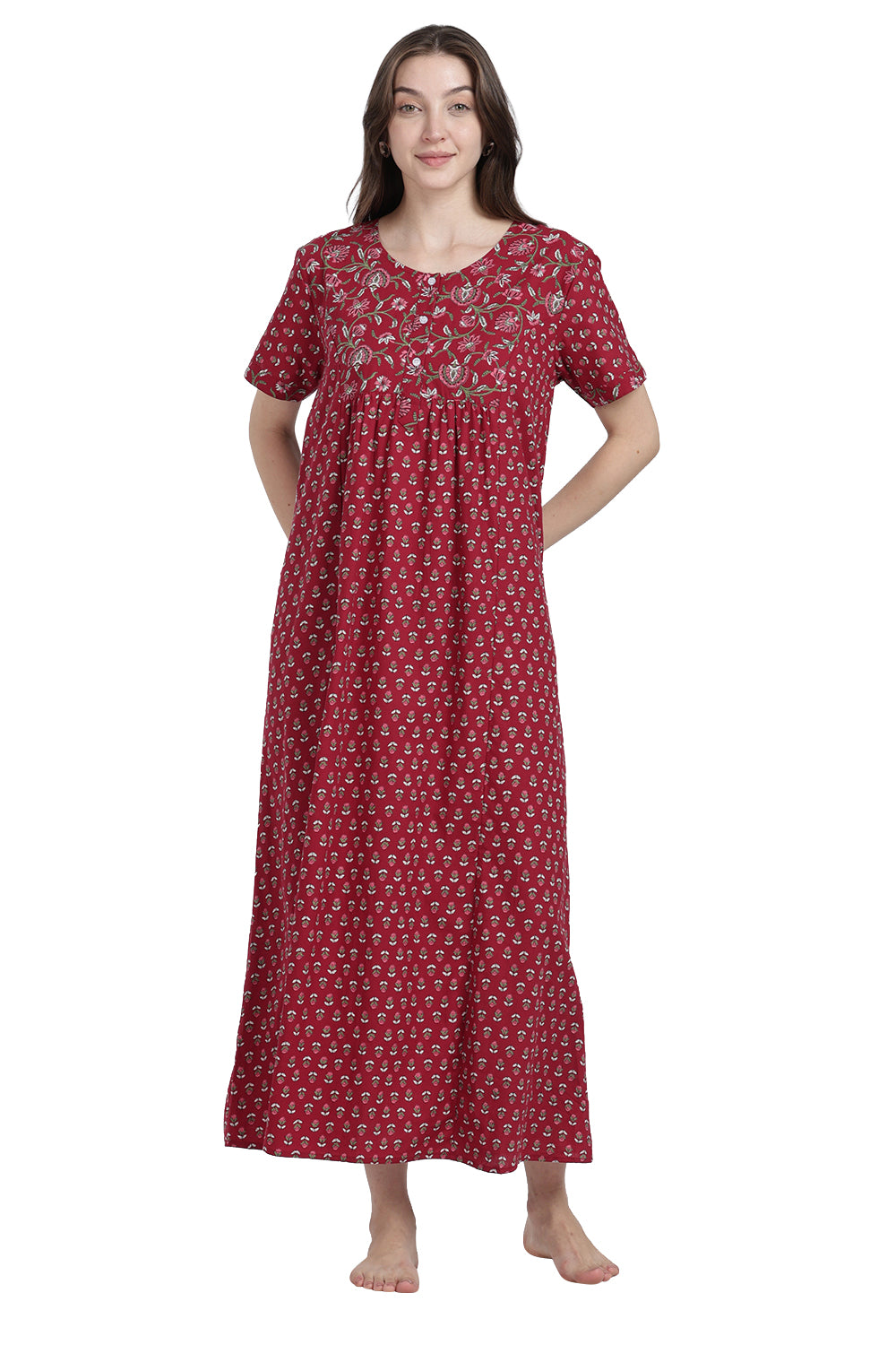 Naidu Hall Women’s Floral Printed Cotton Blend Nighty | Full-Length Round Neck Daily Wear Nightdress
 - NB15