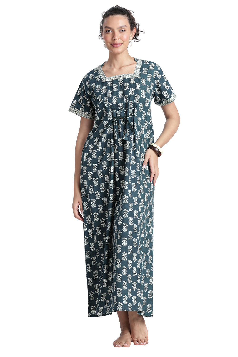 Naidu Hall Women’s Printed Cotton Nighty | Full-Length Daily Wear & Sleepwear Nightdress with Square Neck & Mandarin Collar
 - NB23