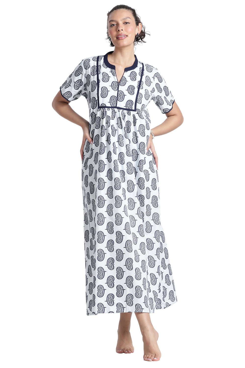 Naidu Hall Women’s Printed Cotton Nighty | Full-Length Daily Wear & Sleepwear Nightdress with V-Neck & Frock-Style Gathers
 - NB21