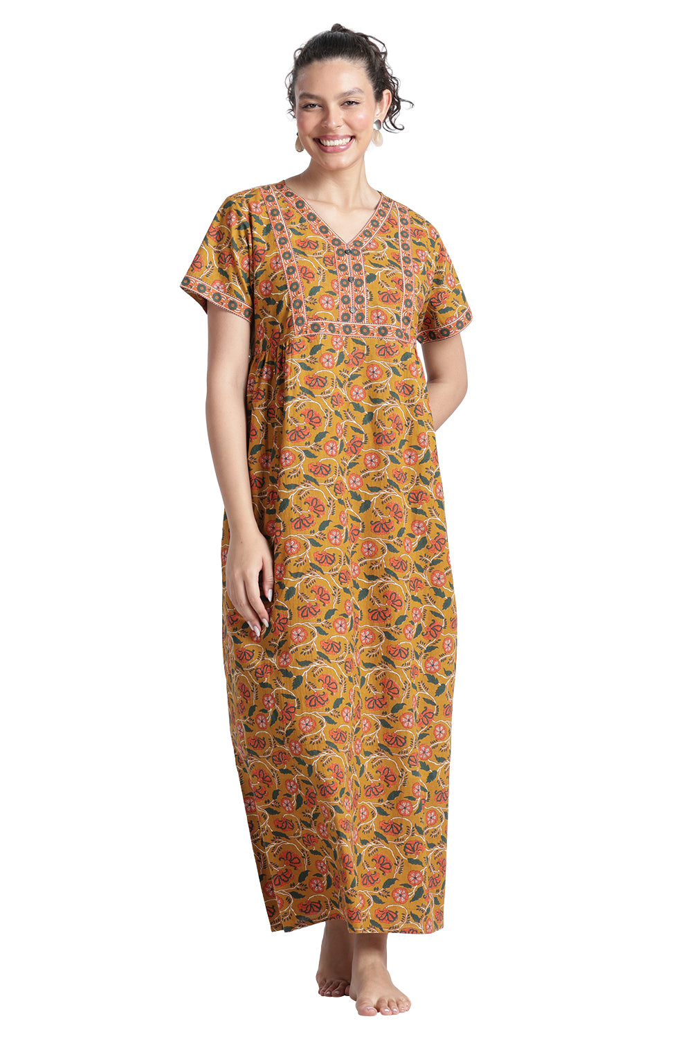 Naidu Hall Women’s Printed Cotton Nighty | Full-Length Daily Wear & Sleepwear Nightdress with V-Neck & Frock-Style Gathers
 - NB20