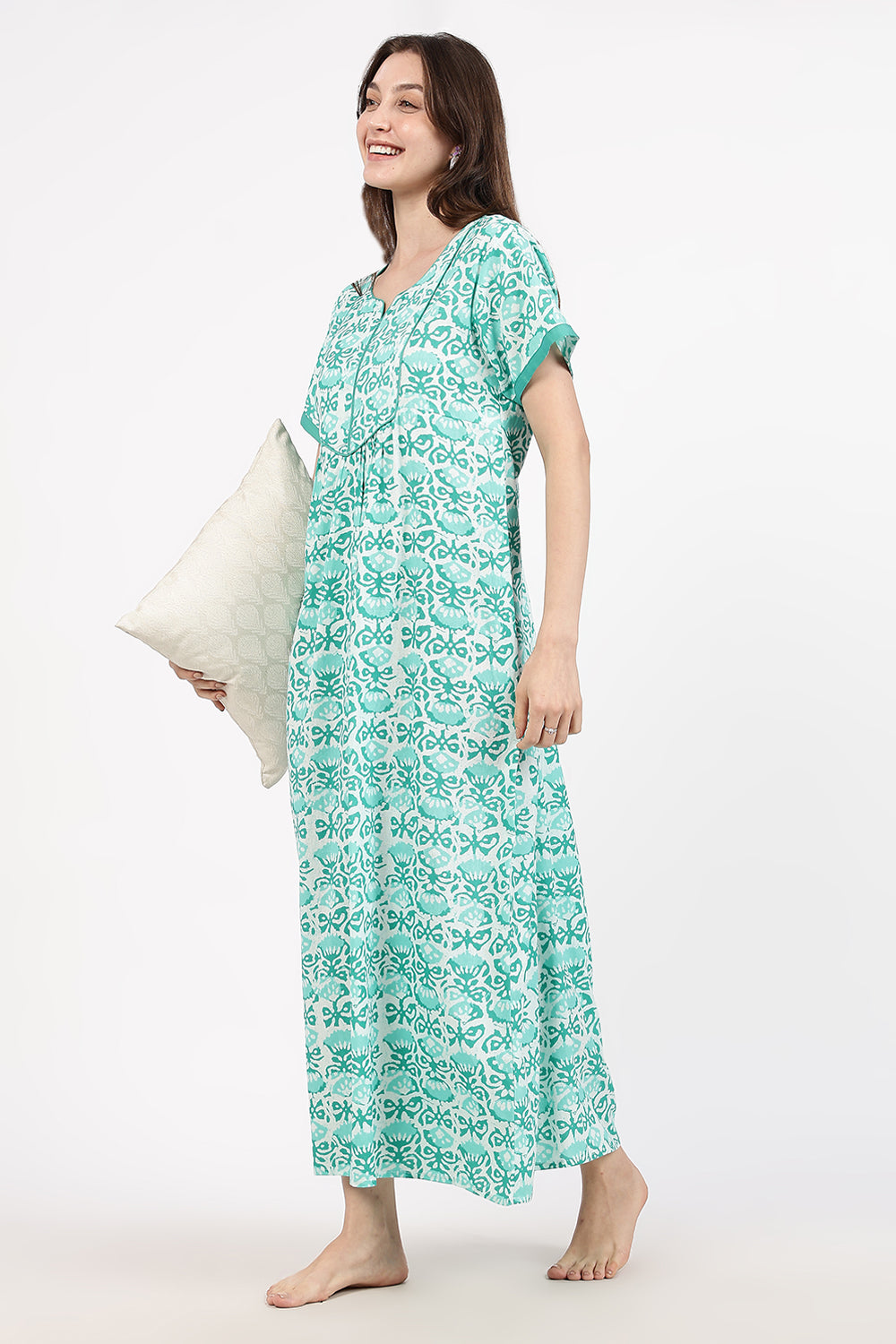 Naidu Hall Women’s Floral Printed Cotton Nighty with Front Yoke & Contrast Piping | Round Neck, Short Sleeves
 - NA90