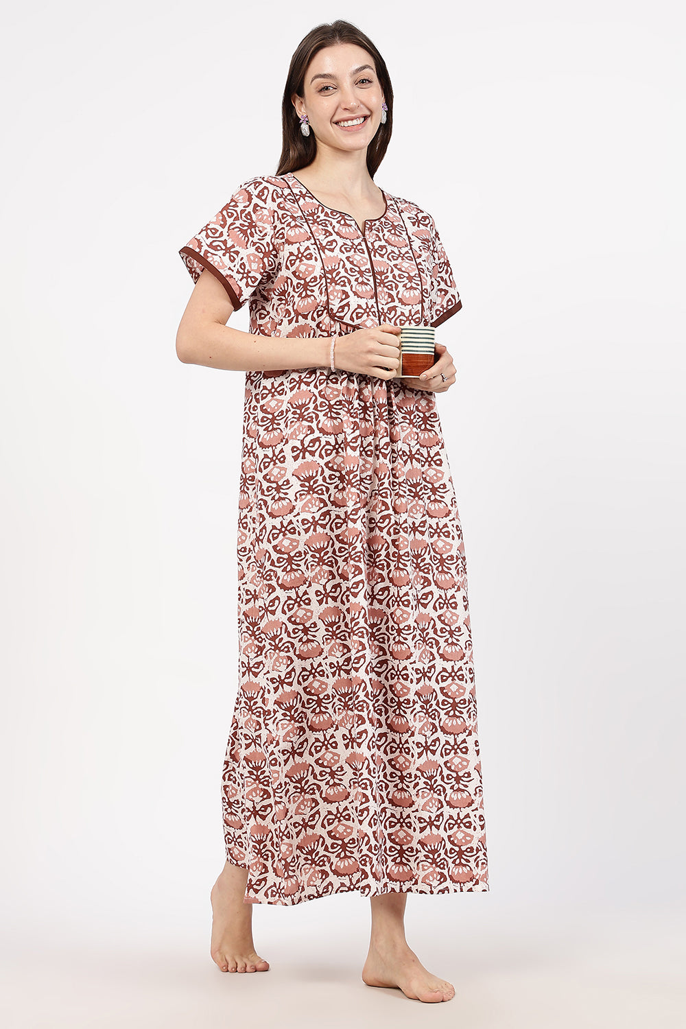 Naidu Hall Women’s Floral Printed Cotton Nighty with Front Yoke & Contrast Piping | Round Neck, Short Sleeves
 - NA90